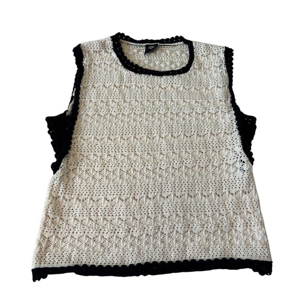 Bobeau Crocheted Sweater Vest Women's Cream w/ Black Trim Cotton Blend BOHO Lg.